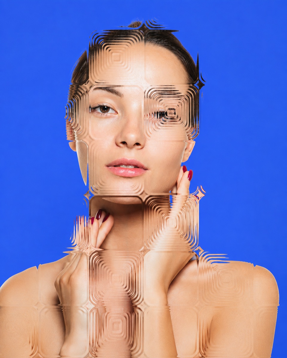 Alyssa beauty campaign portrait with electric blue art direction