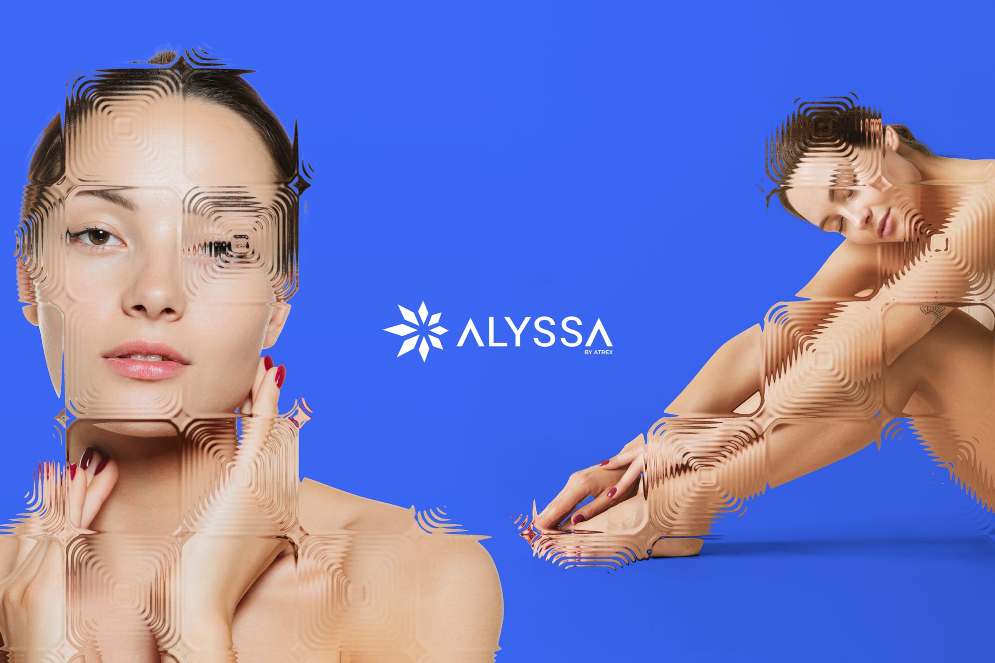Artdirection voor beautymerk Alyssa met vervormde portretten tegen een blauwe achtergrond