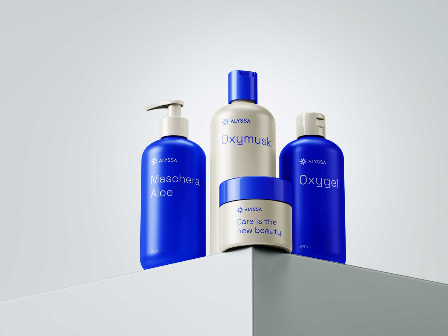 Cosmeticaverpakkingen van Alyssa in wit en felblauw