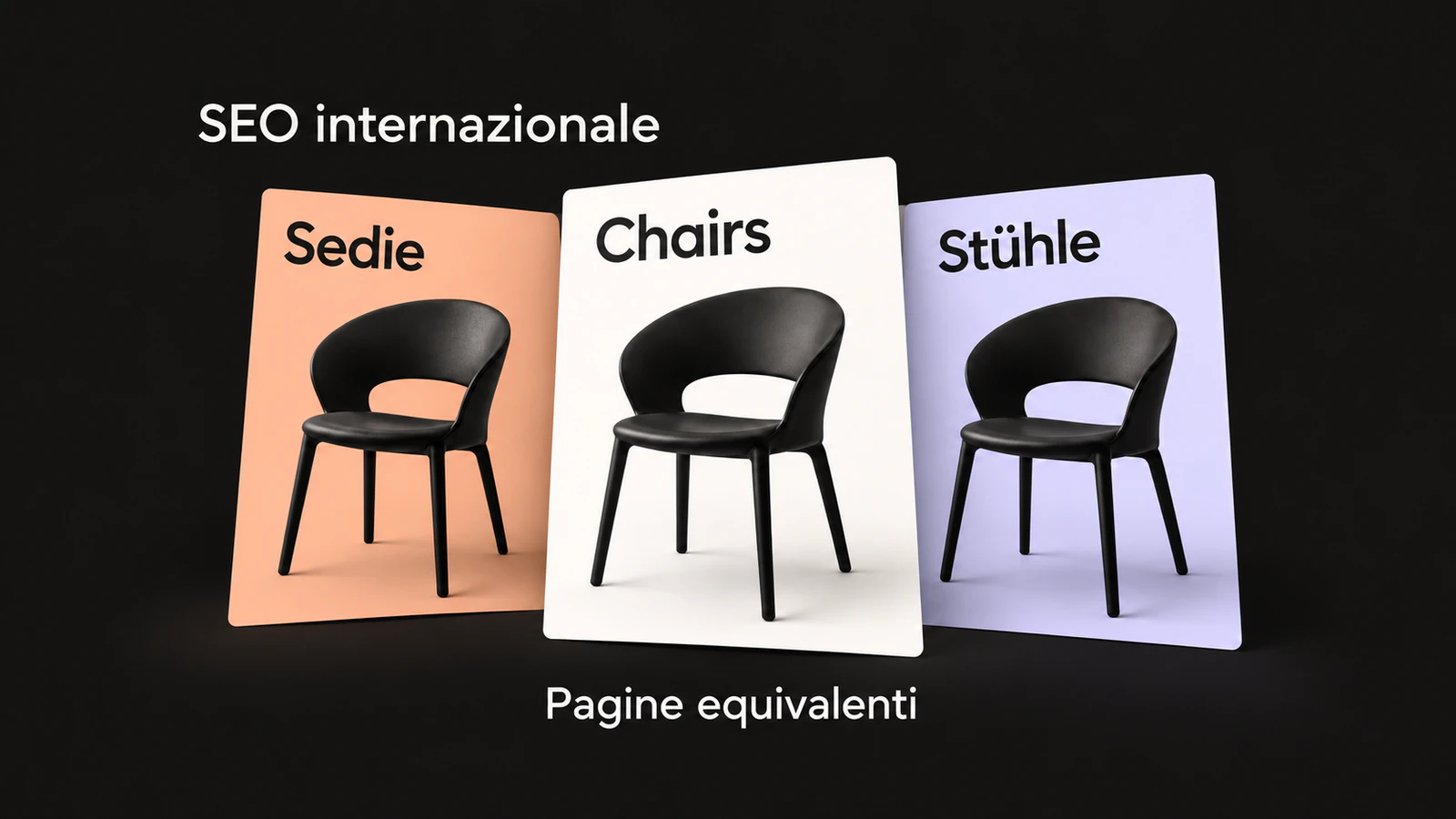 Tre pagine equivalenti in italiano, inglese e tedesco mostrano la stessa sedia, con i titoli Sedie, Chairs e Stühle.
