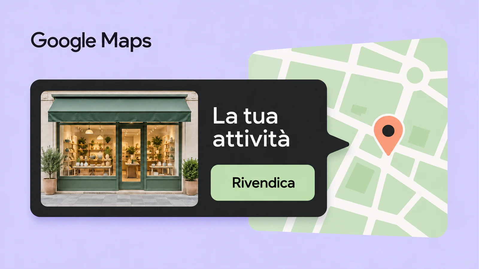 Scheda di un negozio collegata a un segnaposto sulla mappa, con il pulsante «Rivendica».