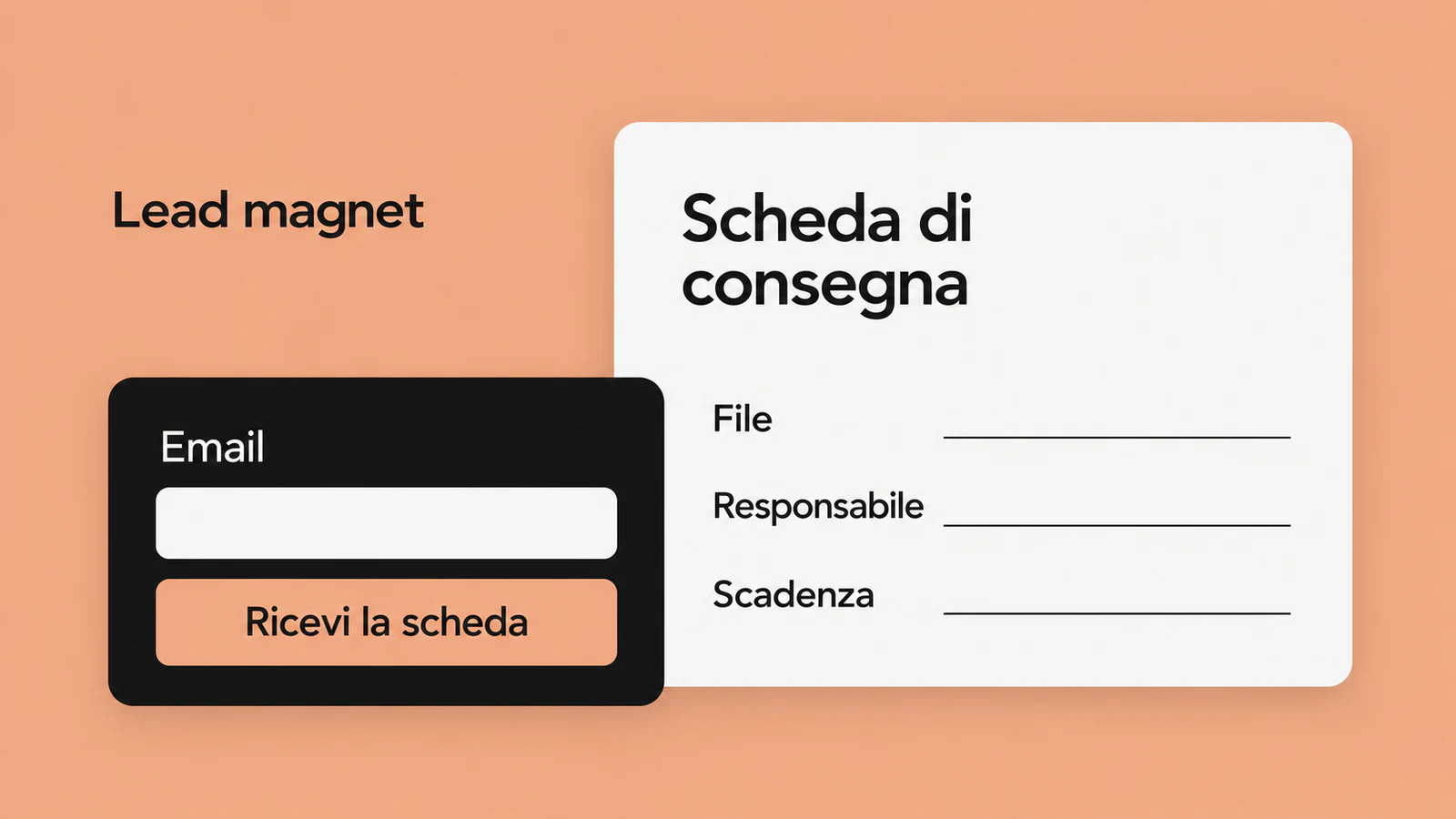 Anteprima di una scheda di consegna con campi per file, responsabile e scadenza, accanto al modulo per riceverla via email.