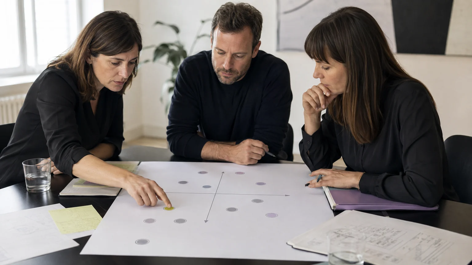 Een strategieteam vergelijkt klantkeuzes op een overzichtelijke positioneringskaart van concurrenten