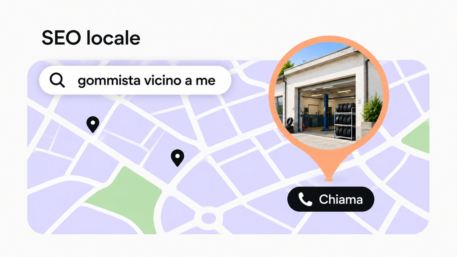 Ricerca «gommista vicino a me» su una mappa, con un’officina nel segnaposto e il pulsante «Chiama».