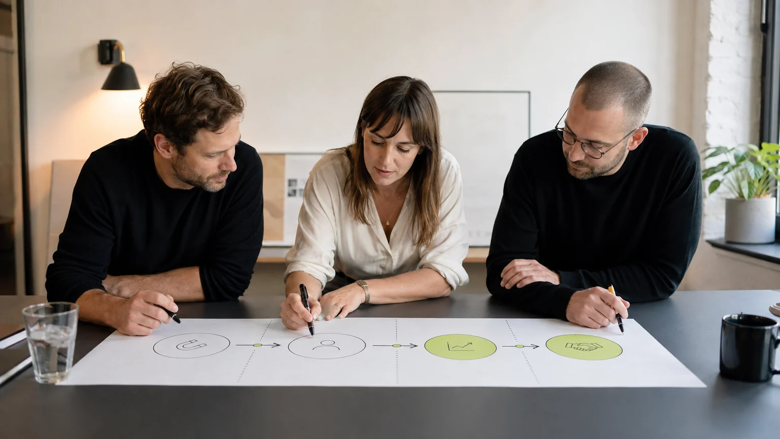 Een team brengt klantvragen en overdrachtsmomenten in een marketingfunnel in kaart