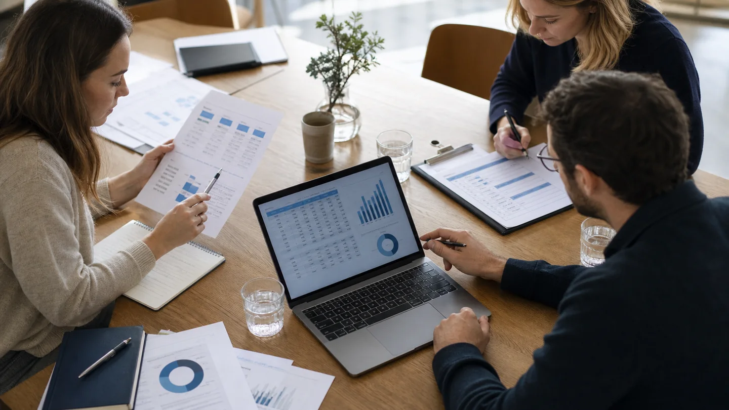 Onderzoeks- en communicatiespecialisten controleren een vragenlijst, dataset en onderzoeksmethode