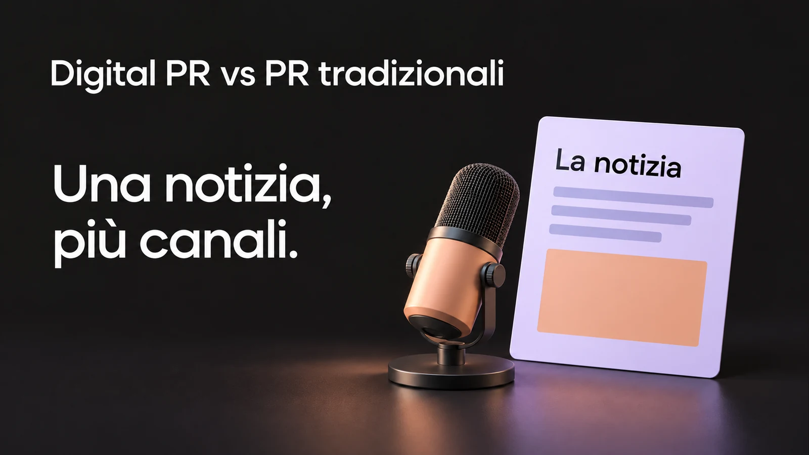 Un microfono color pesca accanto a una pagina lilla con la scritta “La notizia”; a sinistra, “Una notizia, più canali”.