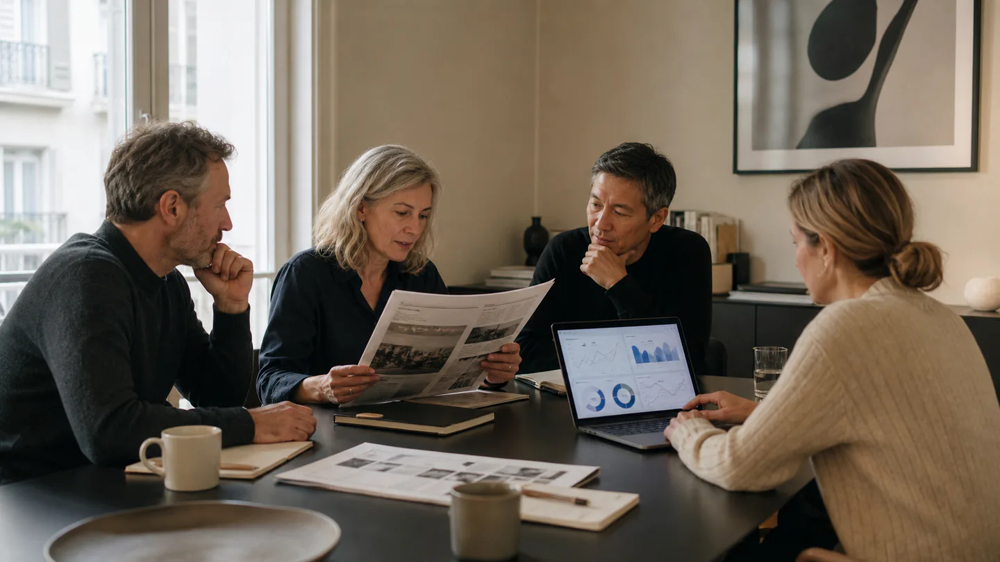 Een communicatieteam beoordeelt gedrukte publicaties en online publieksgegevens samen