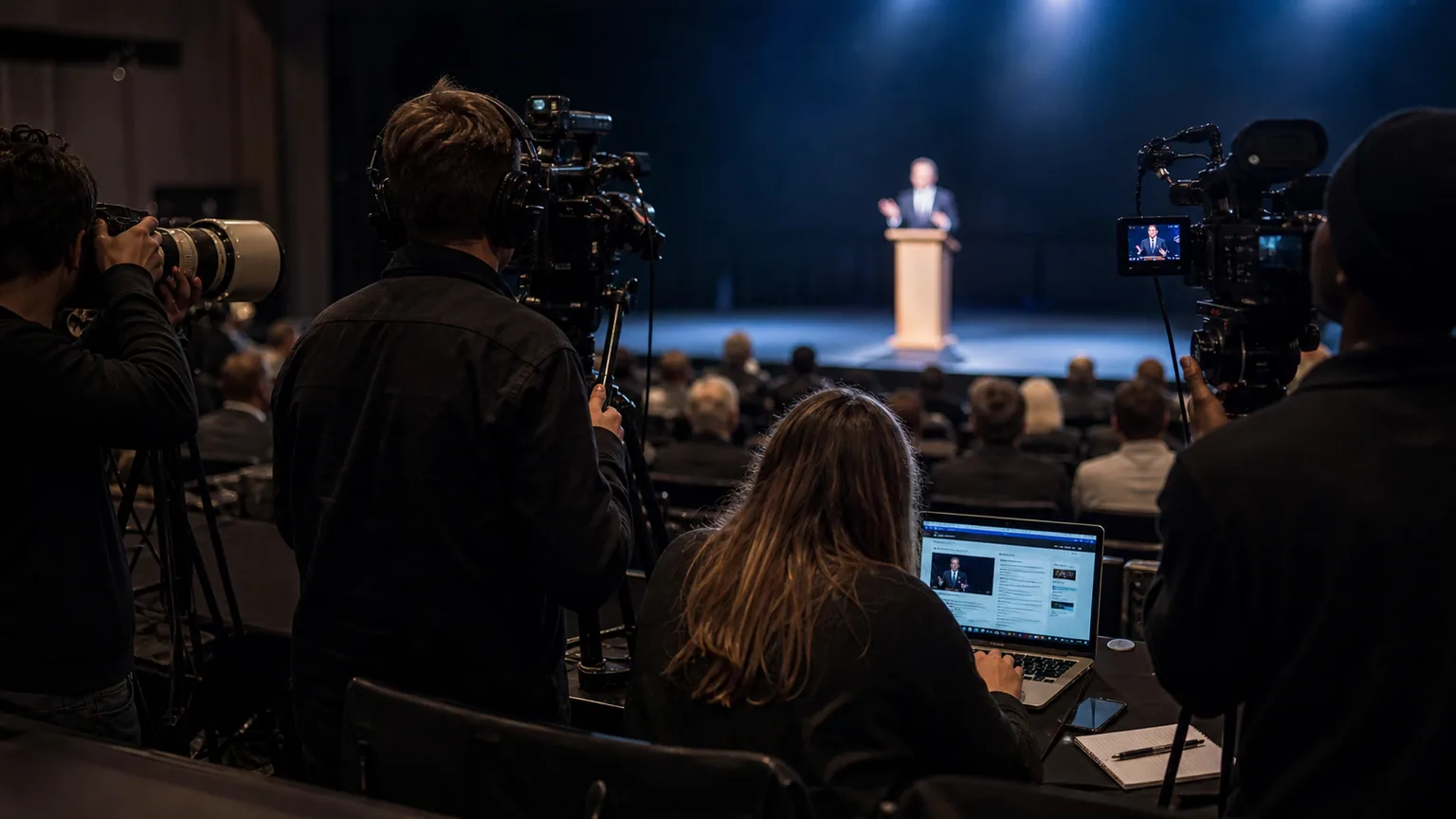 Journalisten en cameramensen doen verslag van een persbijeenkomst