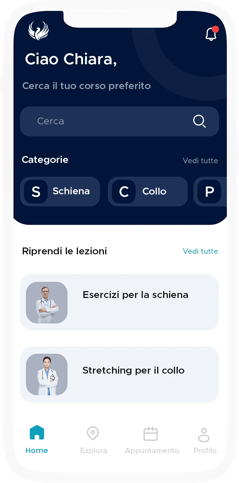 Italiaans ontwerpconcept van het La Fenice-leerplatform, met cursussen over rug- en nekklachten