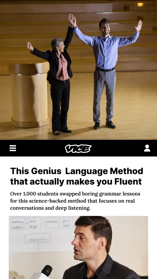 Meta Ads paid social creative: language-learning method concept featuring two speakers