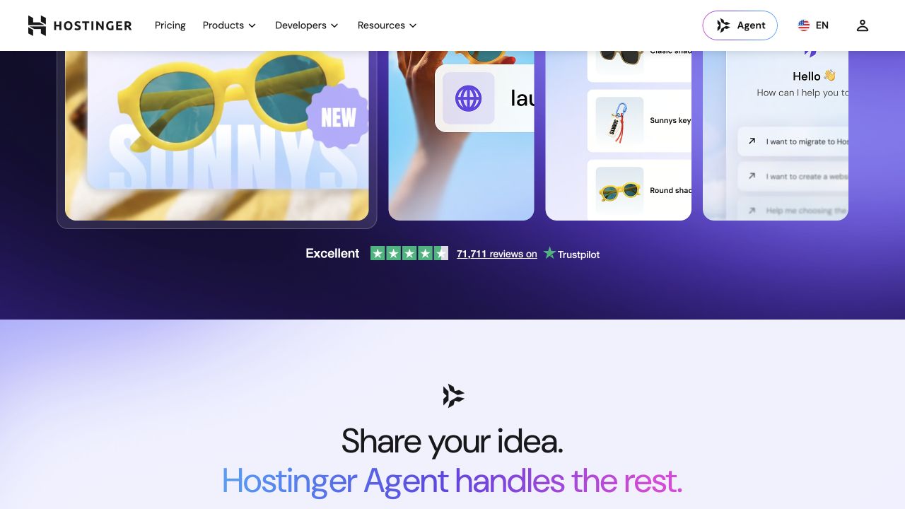 De Engelstalige homepage van Hostinger met voorbeelden van websites en Hostinger Agent