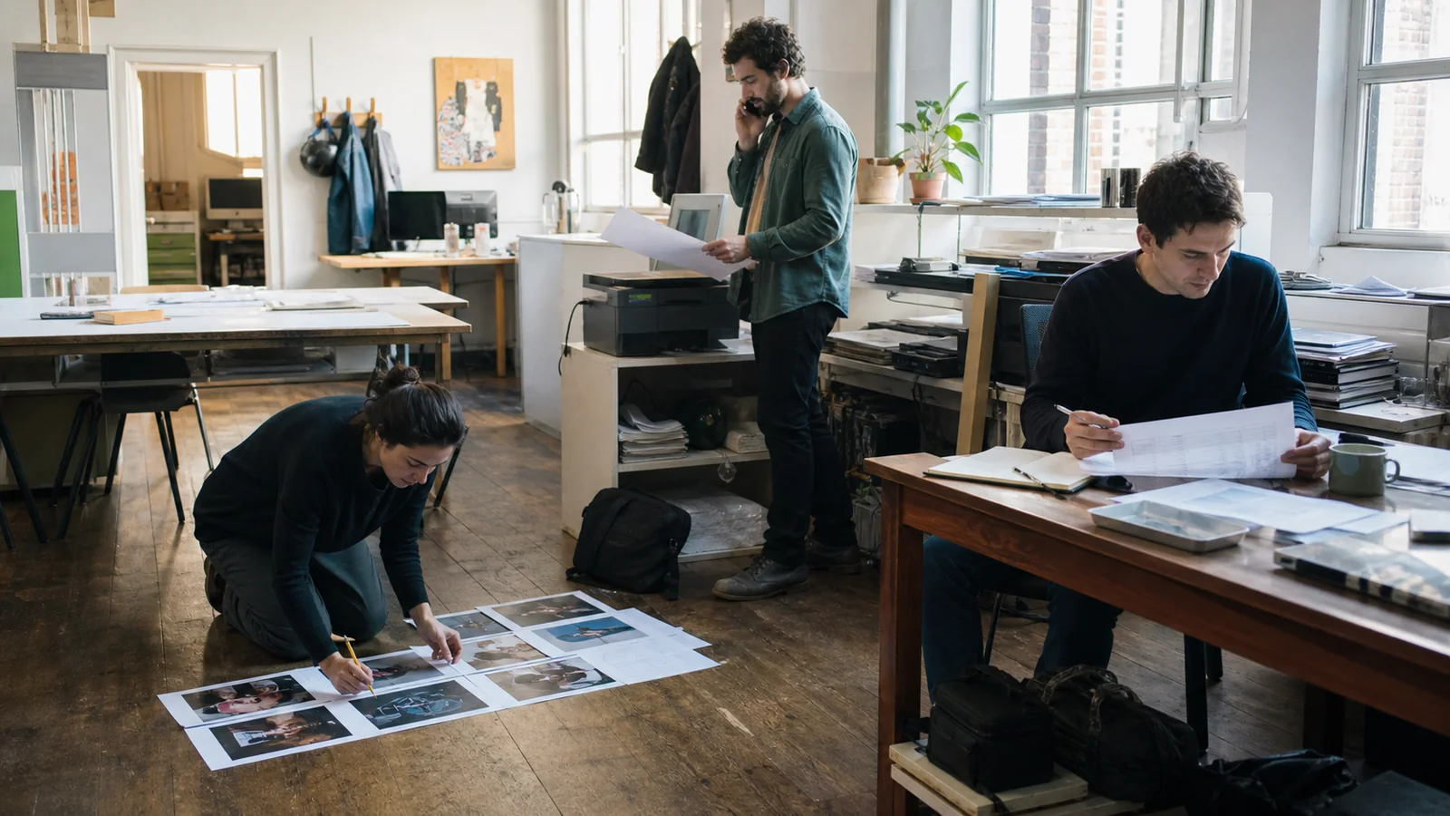 Drie marketingspecialisten stemmen drukwerk, creatieve productie en campagneanalyse op elkaar af in een studio