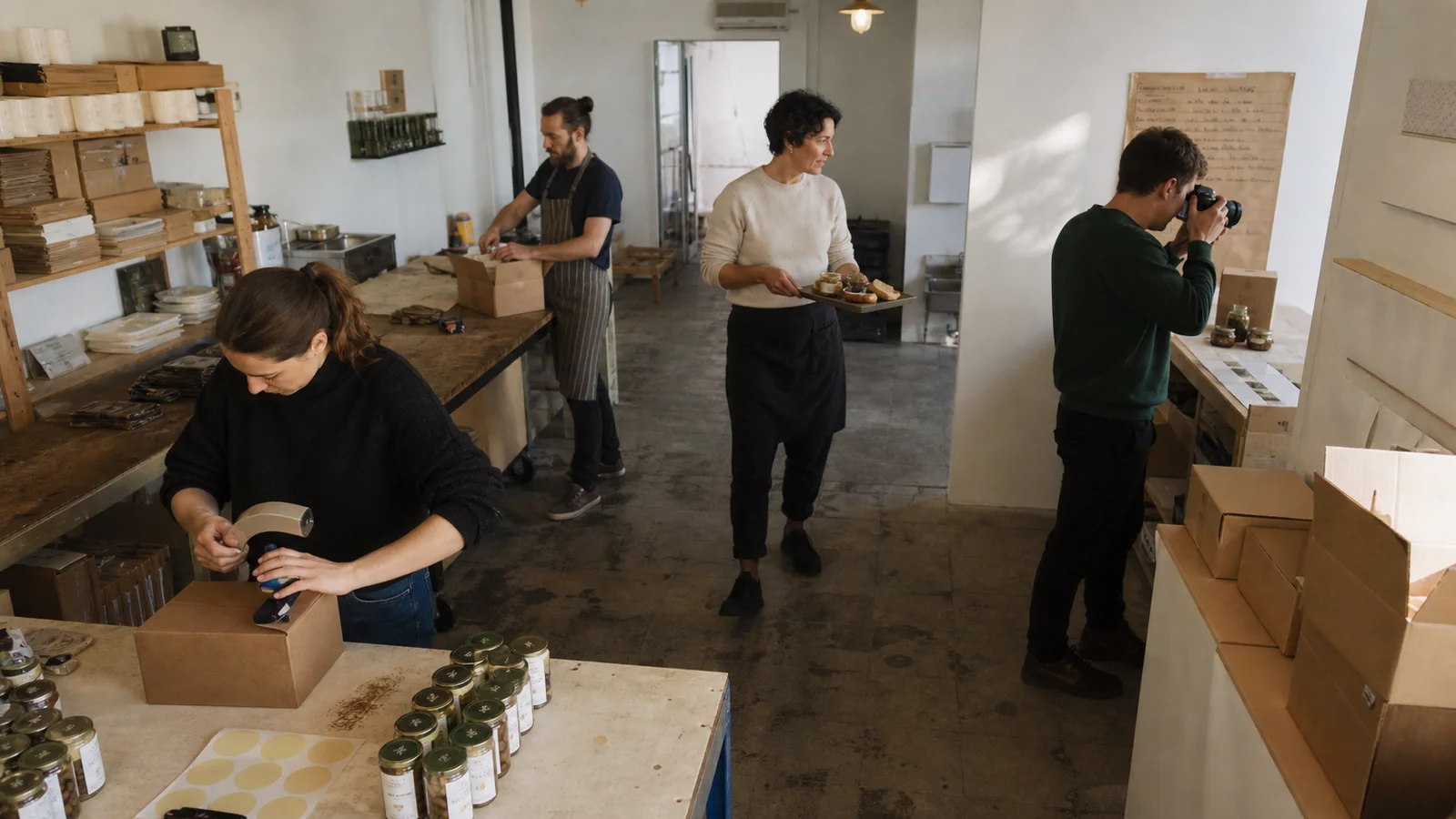 Een intern productteam maakt bestellingen klaar terwijl een externe marketingspecialist producten fotografeert