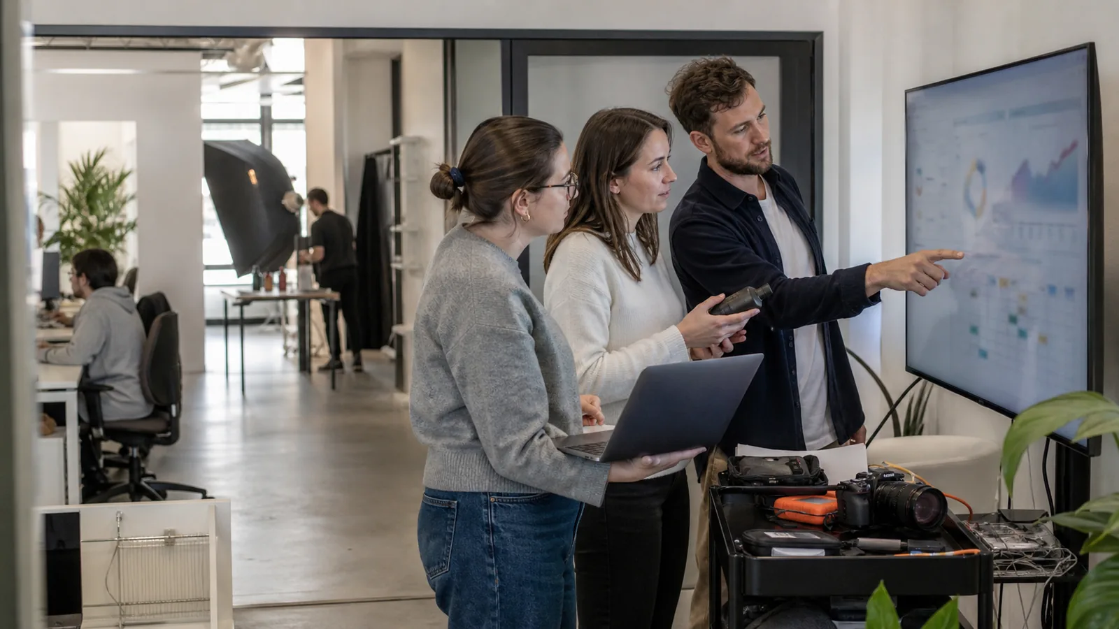 Een interne marketingverantwoordelijke werkt samen met externe digitale specialisten bij het bedrijf van de klant