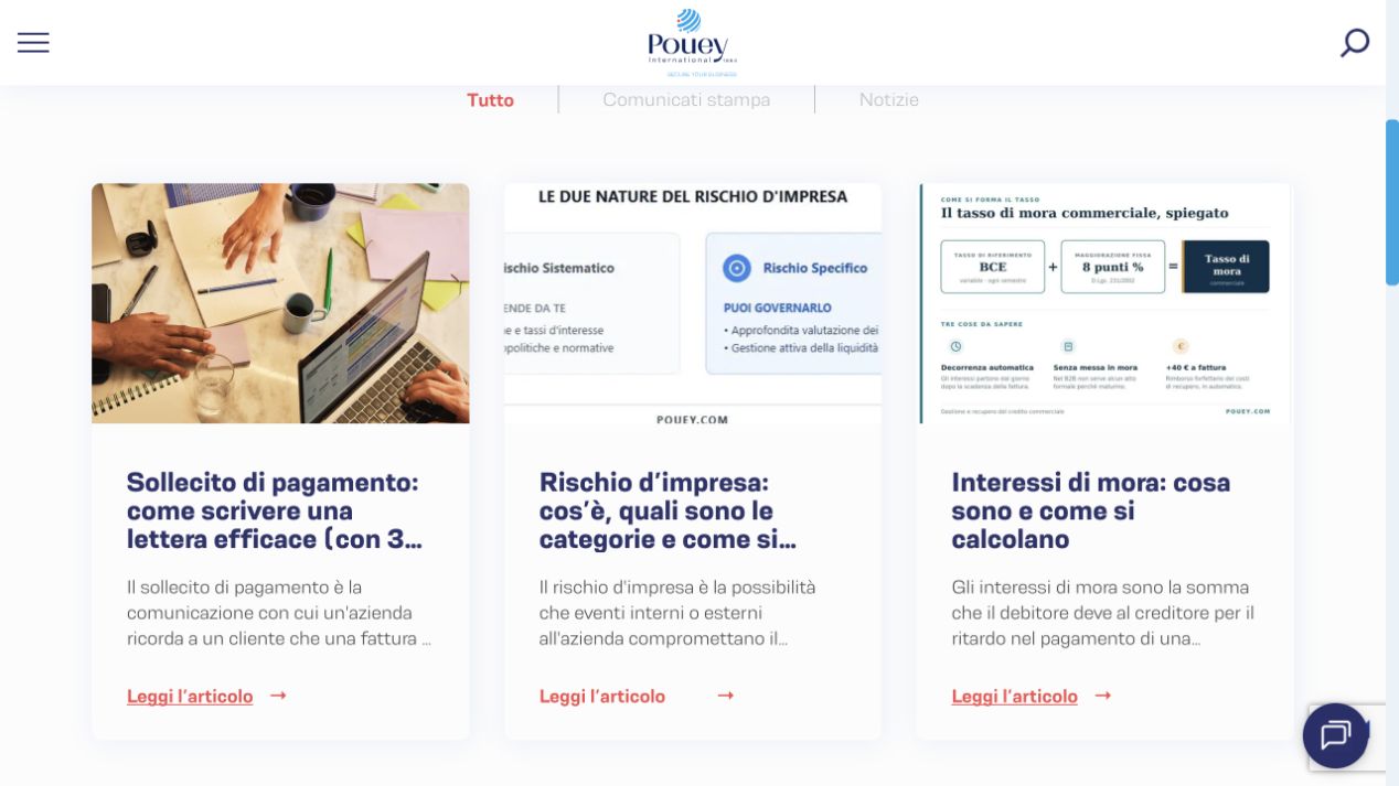 De Italiaanse rubriek Attualità van Pouey met SEO-artikelen over betalingen en bedrijfsrisico’s