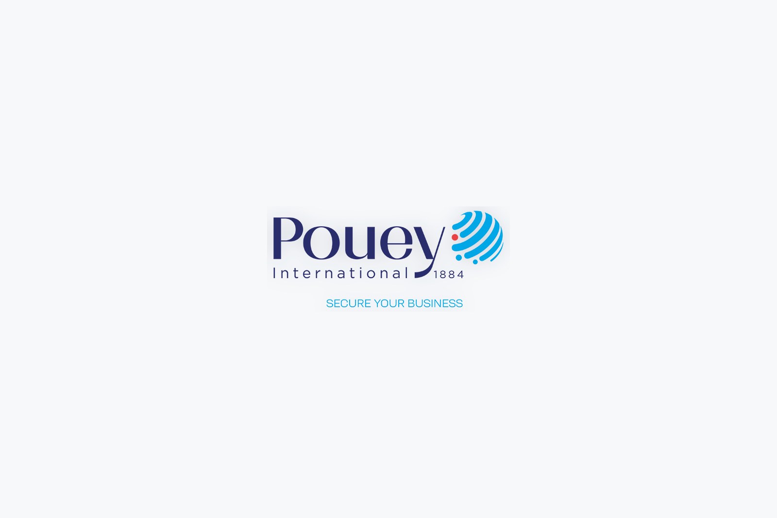 Het oorspronkelijke logo van Pouey International met de Engelstalige slogan