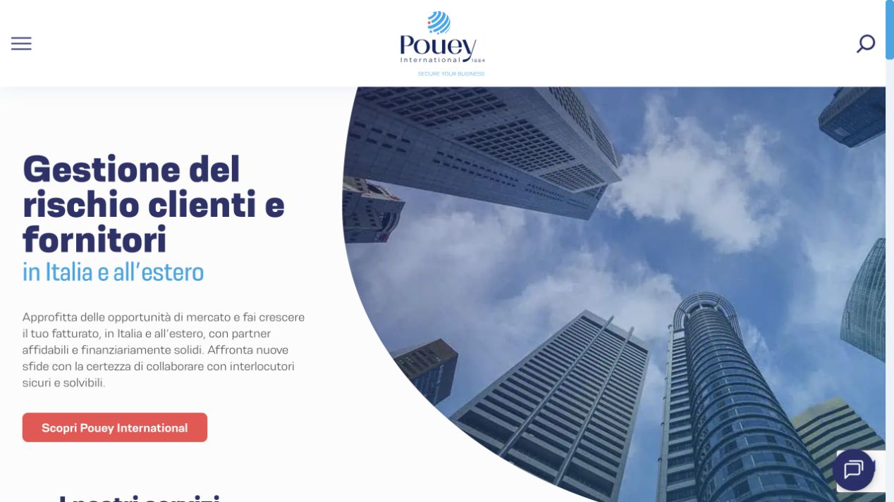 De Italiaanse homepage van Pouey met diensten voor kredietrisicobeheer en bedrijfsinformatie