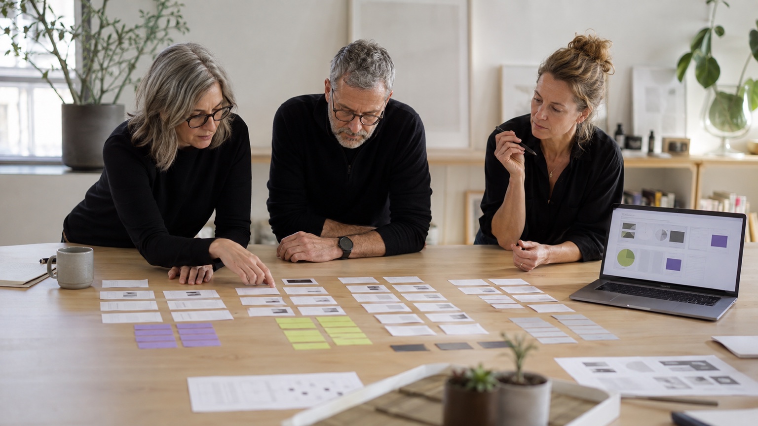 Drie SEO-strategen groeperen bestaande webpagina’s tijdens een contentaudit