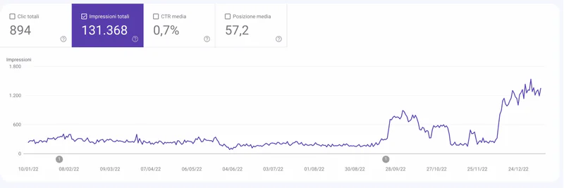 Google Search Console report showing impressions, with 894 total clicks and 131,368 impressions. Search impressions rise sharply in the later months, with intervening declines.