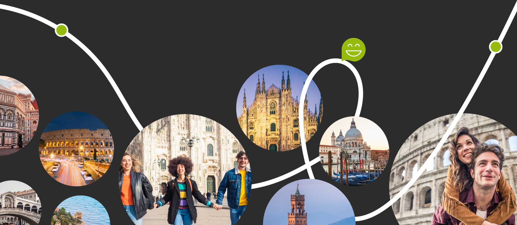 Visueel ontwerp van SI Studiare Italiano met cursisten, Italiaanse steden en een verbindende route
