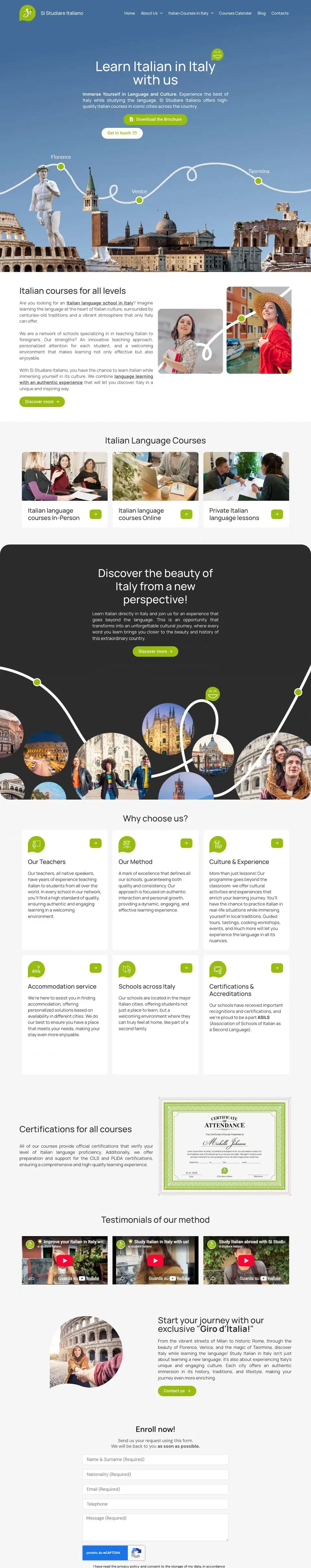 Scrollende rondgang door de volledige Engelstalige homepage van SI Studiare Italiano
