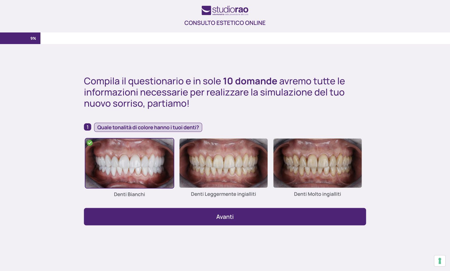 Eerste stap van de oorspronkelijke Italiaanse vragenlijst met tien vragen voor het online consult van Studio Rao