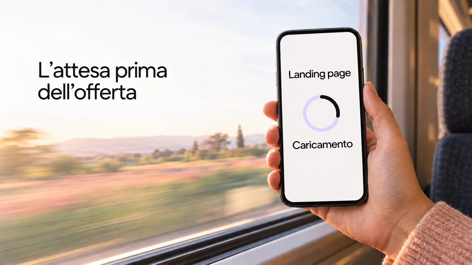 Uno smartphone mostra una landing page in caricamento mentre il paesaggio fuori dal treno scorre sfocato.