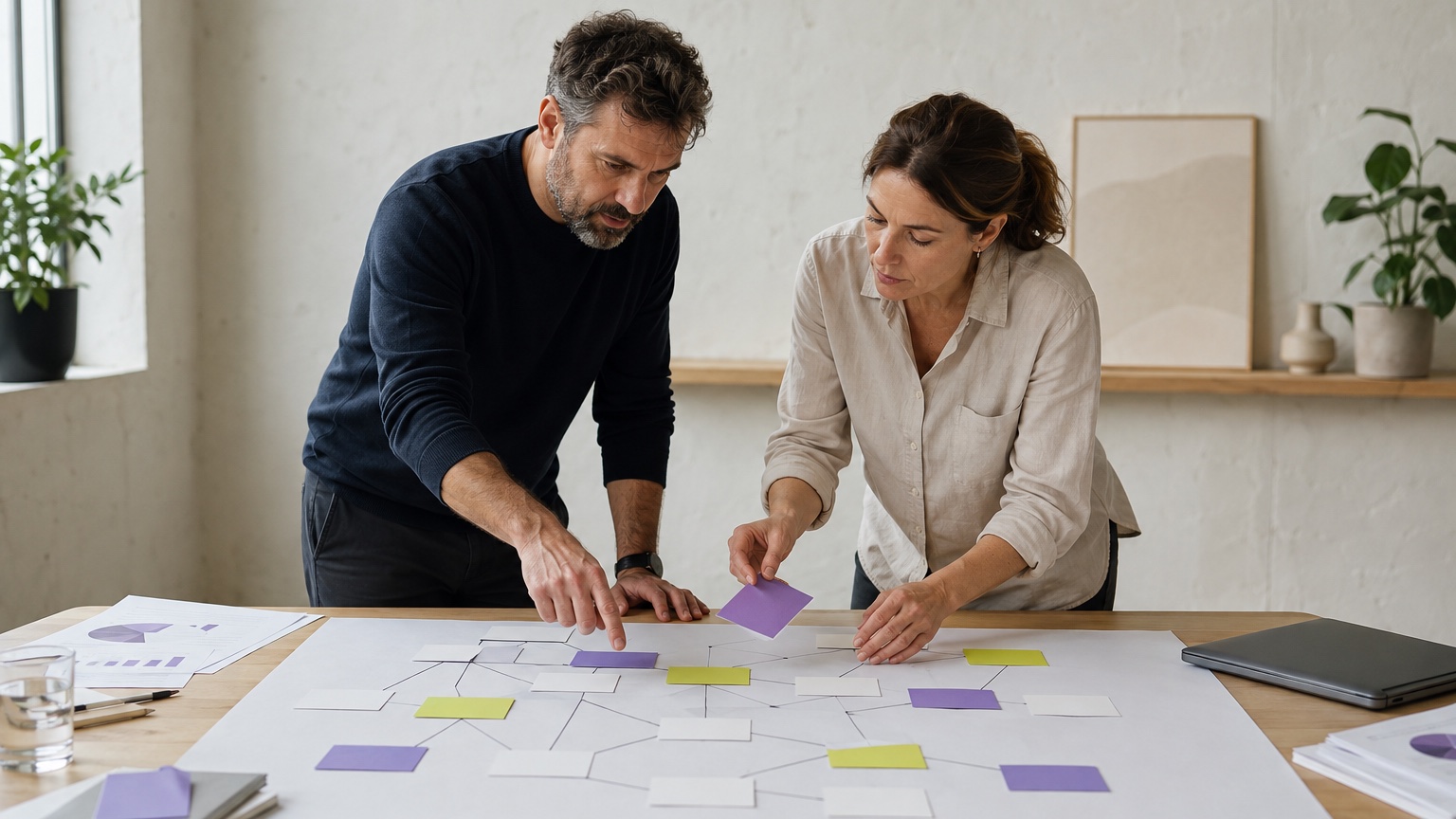Due professionisti organizzano una mappa di contenuti collegati su un tavolo di lavoro