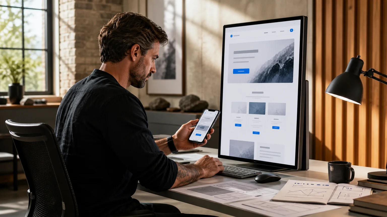 Una sviluppatrice confronta il prototipo responsive di una landing page su desktop e smartphone