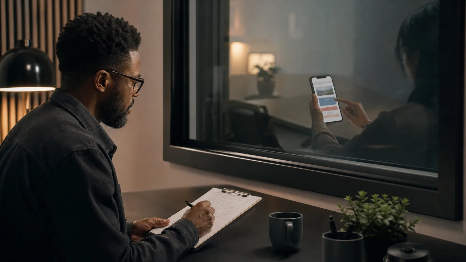A measurement specialist observing a mobile landing page usability test
