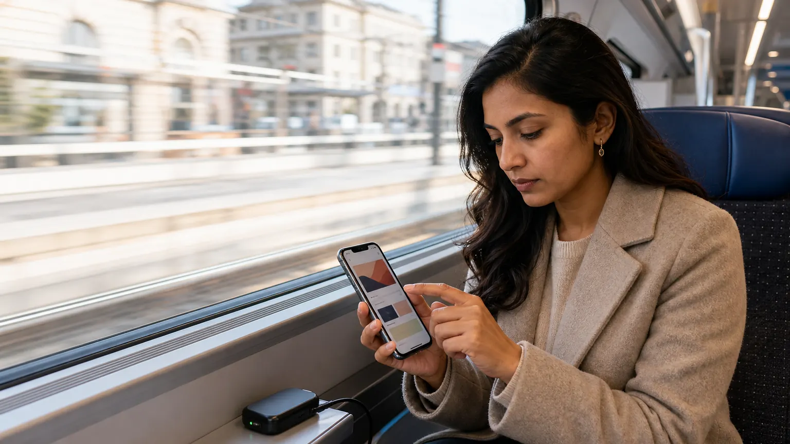A web performance engineer testing a mobile landing page on a moving train