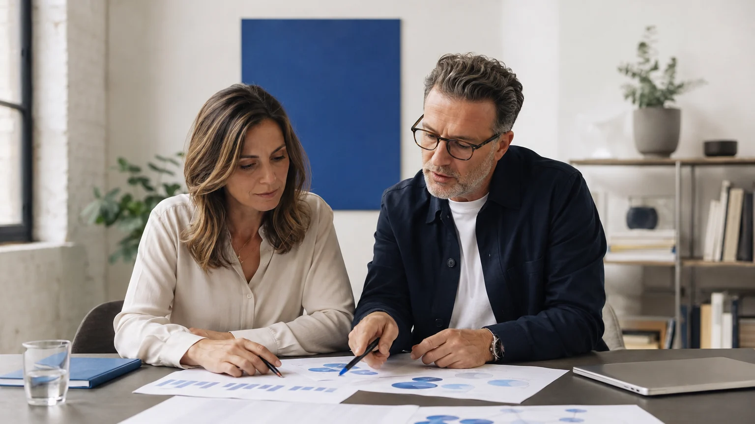 Una responsabile marketing B2B e un collega dell’area finanziaria pianificano il budget LinkedIn Ads