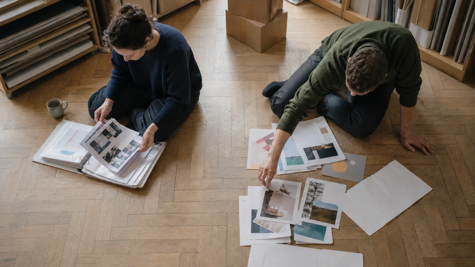 Due professionisti riorganizzano i materiali di campagna tra un piano mensile fisso e una lista di prioritĂ in evoluzione