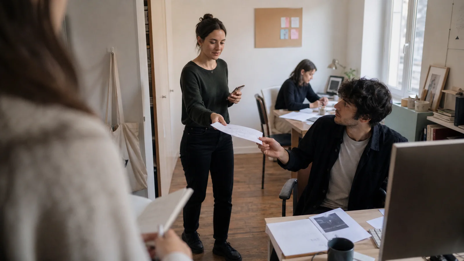 Un project manager affida una nuova prioritĂ di marketing a una specialista in uno studio creativo operativo