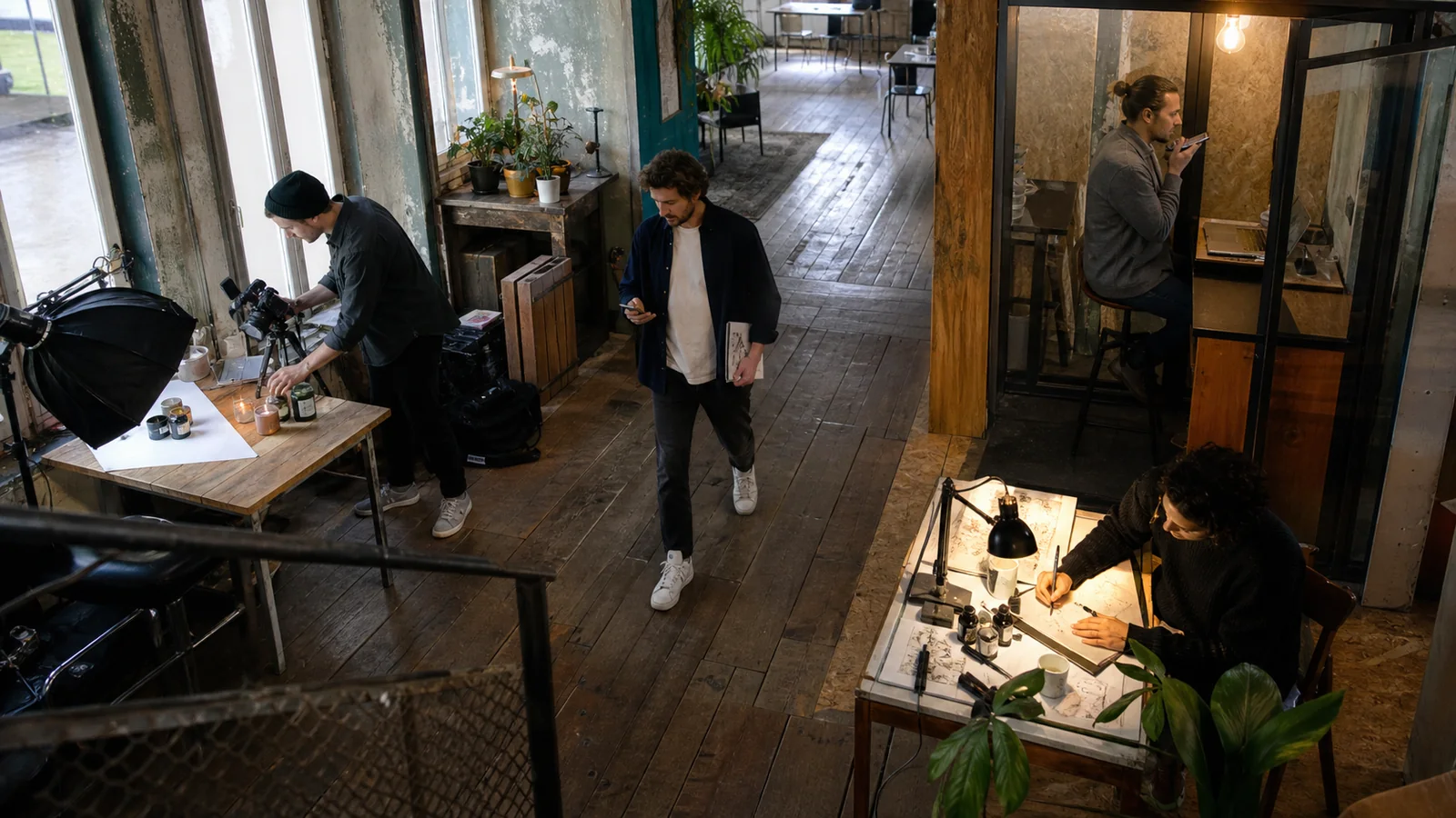 La titolare di una piccola impresa attraversa uno spazio di coworking con professionisti indipendenti della fotografia, dell’illustrazione e del copywriting