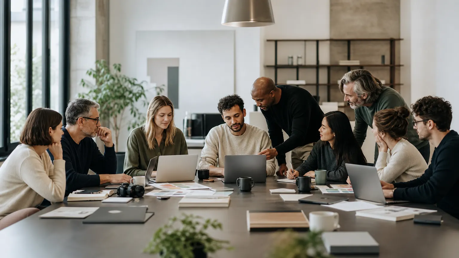 Un piccolo team aziendale collabora allo stesso tavolo con un gruppo più ampio di specialisti di marketing