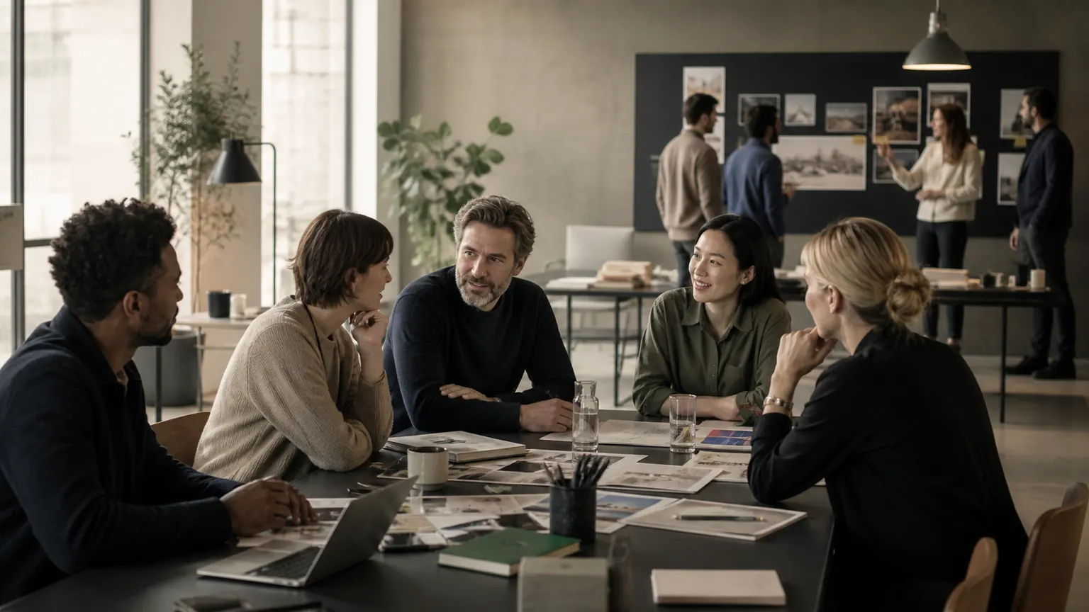 Un team marketing integrato collabora mentre sullo sfondo si svolge la presentazione formale di un'agenzia tradizionale