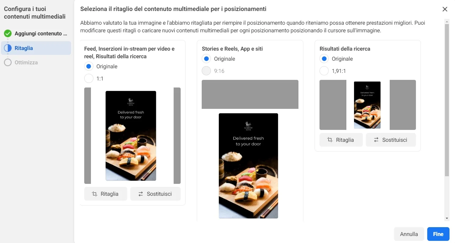 configurazione dei contenuti dell' inserzione