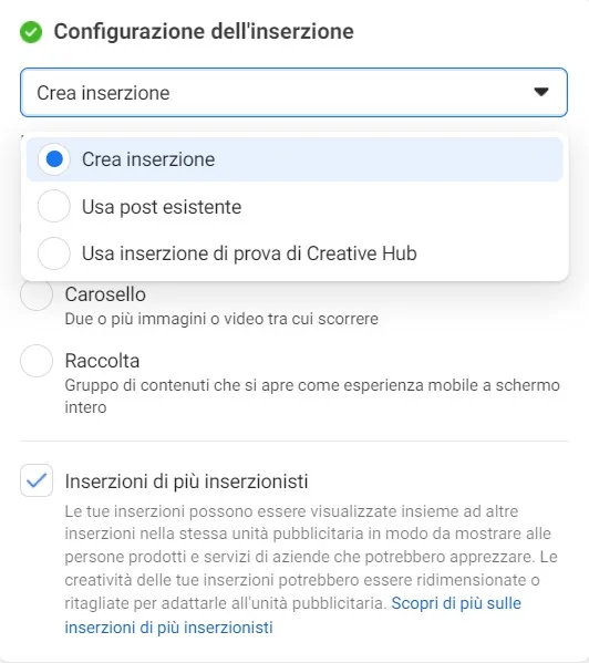 posizionamenti facebook e instagram configurazione inserzione